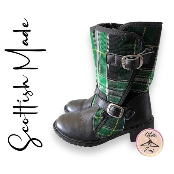 Handmade Scottish Plaid Tall Leather Chunky Heeled Boots
